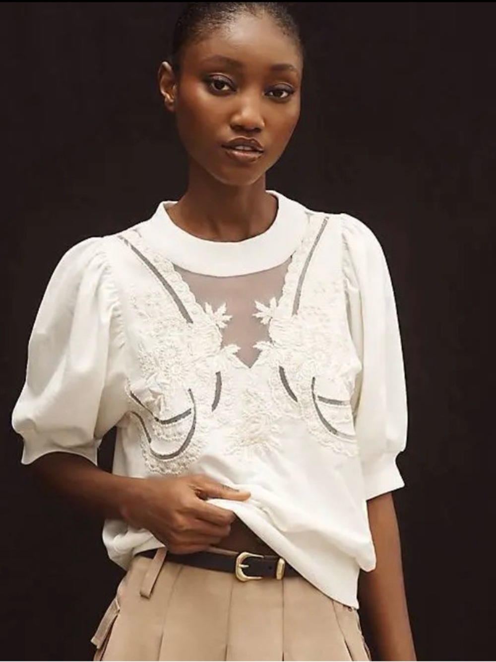 ANTHROPOLOGIE PUFF SLEEVE EMBELLISHED ELBOW SLEEVE SWEATSHIRT OFF WHITE SZ SMALL